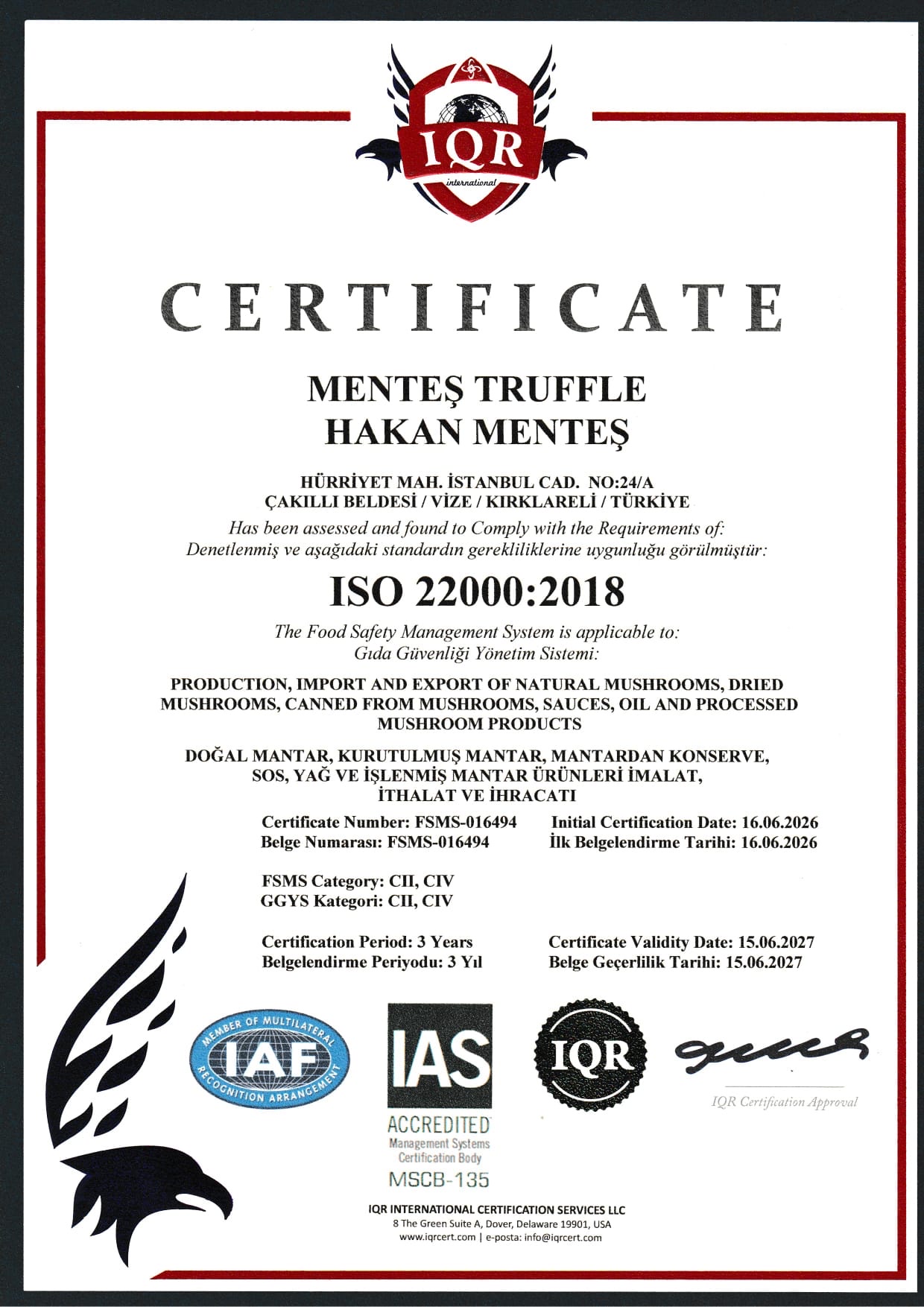 ISO 22000:2018 — Menteş Truffle / TRUFFON belgesi
