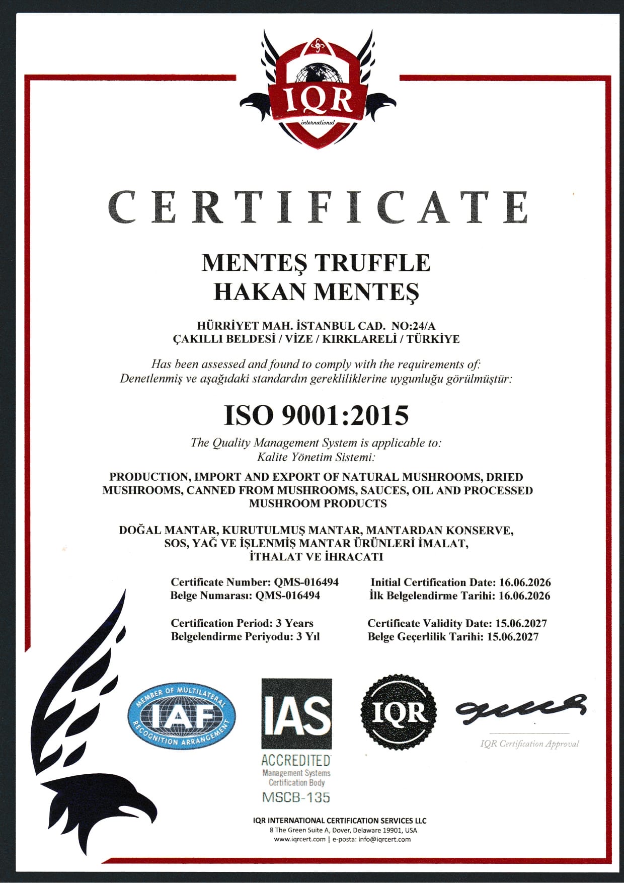ISO 9001:2015 — Menteş Truffle / TRUFFON belgesi
